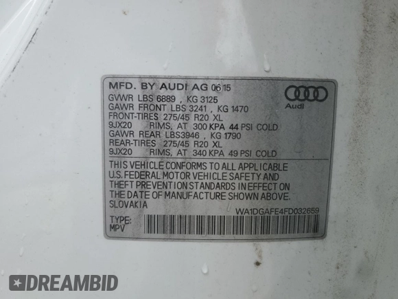 2015 Audi Q7 3.0T S line Prestige with VIN WA1DGAFE4FD032659, listed as a Copart auction lot 49123915 with 189,795 mi miles and Salvage Title. Bid and sale history available at carsss.com. Image 13.