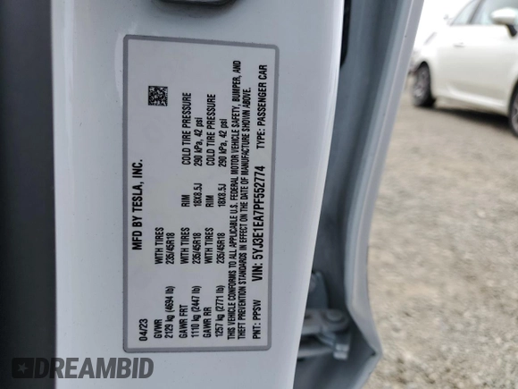 2023 Tesla Model 3 с VIN 5YJ3E1EA7PF552774, выставлен на аукционе Copart как лот 59913565 с пробегом 25 406 миль миль и Списание • Salvage title. История ставок и продаж доступна на DreamBid. Изображение 12.