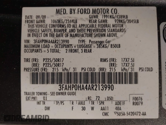 2010 Ford Fusion SE with VIN 3FAHP0HA4AR213990, listed as a IAAI auction lot 41987328 with 159,593 mi miles and . Bid and sale history available at carsss.com. Image 9.