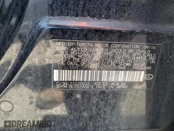 2016 Lexus IS 200t with VIN JTHBA1D23G5037868, listed as a Copart auction lot 60637515 with 110,397 mi miles and Salvage title. Bid and sale history available at DreamBid. Image 13.
