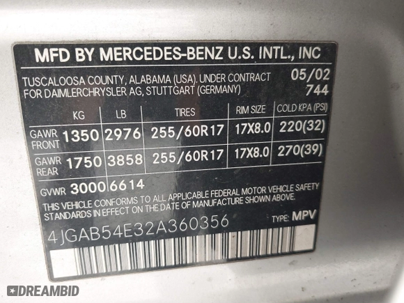 2002 Mercedes-Benz M-Class with VIN 4JGAB54E32A360356, listed as a IAAI auction lot 40540769 with 235,810 mi miles. Bid and sale history available at carsss.com. Image 9.
