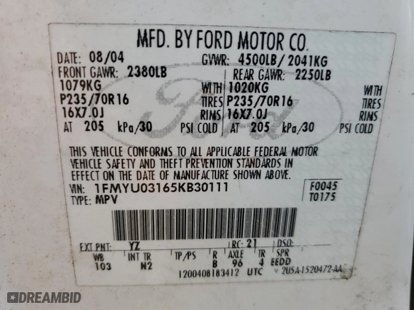 2005 Ford Escape XLT with VIN 1FMYU03165KB30111, listed as a Copart auction lot 46532875 with 155,544 mi miles and Salvage Title. Bid and sale history available at carsss.com. Image 12.
