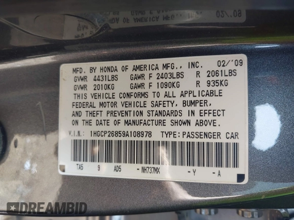 2009 Honda Accord EX-L z VIN 1HGCP26859A108978, wystawiony jako IAAI lot #42329645 z przebiegiem 279 707 mil mil oraz . Historia ofert i sprzedaży dostępna na DreamBid. Obrazek 9.