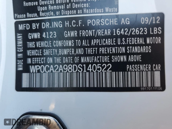 2013 Porsche 911 Carrera with VIN WP0CA2A98DS140522, listed as a Copart auction lot 81499364 with 0 mi miles and Salvage Title. Bid and sale history available at carsss.com. Image 12.