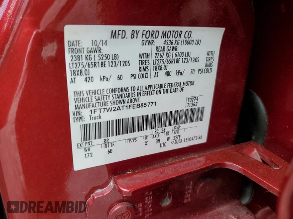 2015 Ford F-250 XL with VIN 1FT7W2AT1FEB85771, listed as a Copart auction lot 70820754 with 62,913 mi miles and Salvage title. Bid and sale history available at DreamBid. Image 12.