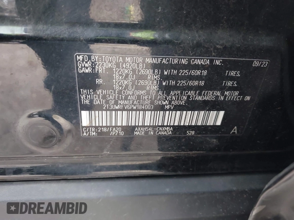 2023 Toyota RAV4 Hybrid XLE with VIN 2T3UWRFV6PW184003, listed as a IAAI auction lot 41266339 with 1 mi miles. Bid and sale history available at carsss.com. Image 9.
