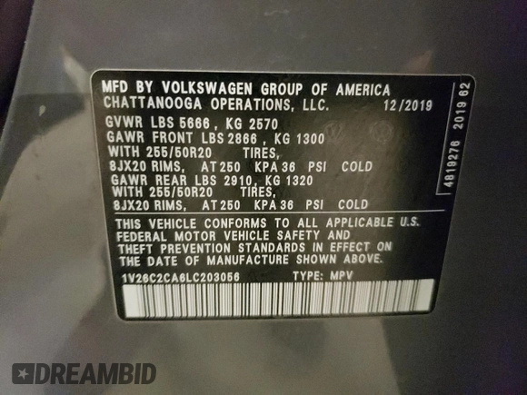 2020 Volkswagen Atlas SE with VIN 1V26C2CA6LC203056, listed as a Copart auction lot 41864945 with 76,685 mi miles and Salvage title. Bid and sale history available at DreamBid. Image 13.