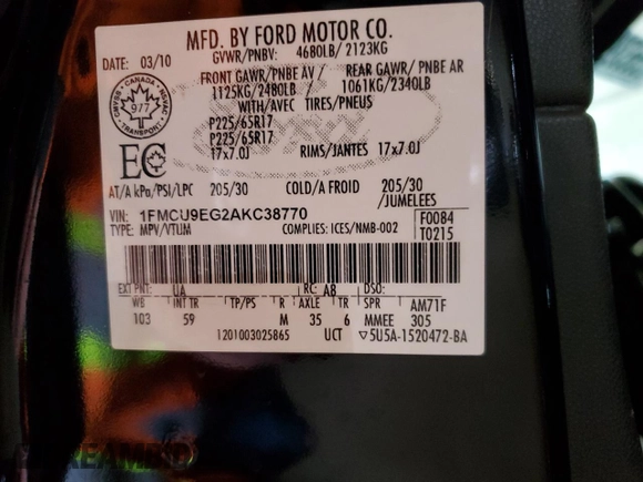2010 Ford Escape Limited z VIN 1FMCU9EG2AKC38770, wystawiony jako Copart lot #55638905 z przebiegiem 186 209 mil mil oraz Czysty tytuł • Clean title. Historia ofert i sprzedaży dostępna na DreamBid. Obrazek 13.