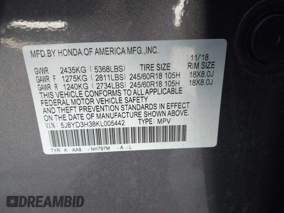 2019 Acura MDX with VIN 5J8YD3H38KL005442, listed as a IAAI auction lot 41542505 with 84,033 mi miles and . Bid and sale history available at DreamBid. Image 9.