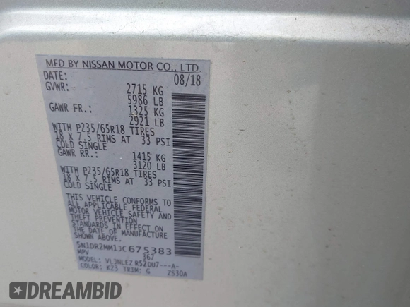 2018 Nissan Pathfinder SL with VIN 5N1DR2MM1JC675383, listed as a IAAI auction lot 41412784 with 115,657 mi miles and . Bid and sale history available at DreamBid. Image 9.