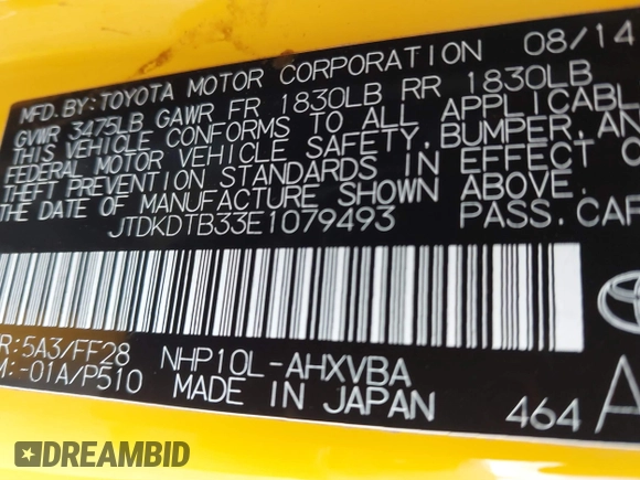 2014 Toyota Prius One with VIN JTDKDTB33E1079493, listed as a IAAI auction lot 41712212 with 110,309 mi miles and . Bid and sale history available at DreamBid. Image 9.