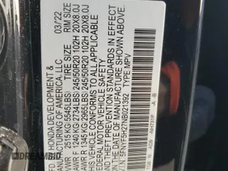 2022 Honda Pilot Special Edition with VIN 5FNYF5H27NB021392, listed as a Copart auction lot 44059605 with 31,872 mi miles and Salvage Title. Bid and sale history available at DreamBid. Image 13.