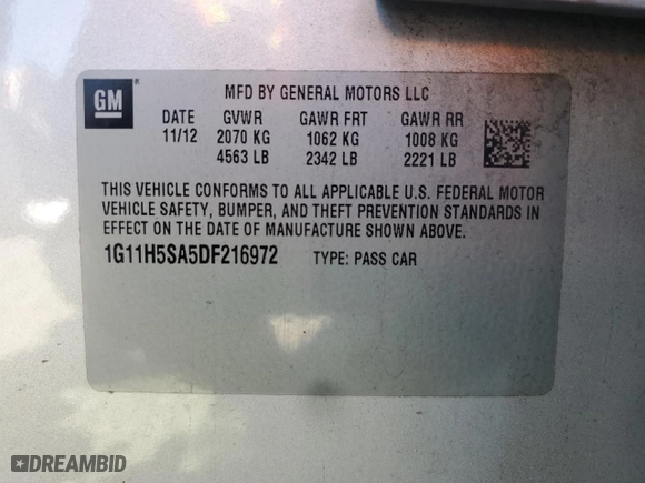 2013 Chevrolet Malibu LTZ with VIN 1G11H5SA5DF216972, listed as a Copart auction lot 46087385 with 147,284 mi miles and Salvage Title. Bid and sale history available at carsss.com. Image 13.