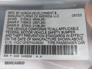 2023 Honda Accord Touring with VIN 1HGCY2F87PA039060, listed as a IAAI auction lot 42382912 with 36,007 mi miles and . Bid and sale history available at DreamBid. Image 9.