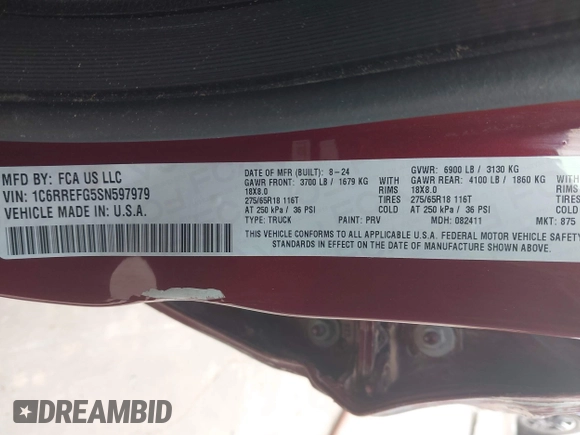 2025 Ram 1500 Big Horn with VIN 1C6RREFG5SN597979, listed as a IAAI auction lot 41931498 with 24,567 mi miles and . Bid and sale history available at DreamBid. Image 9.