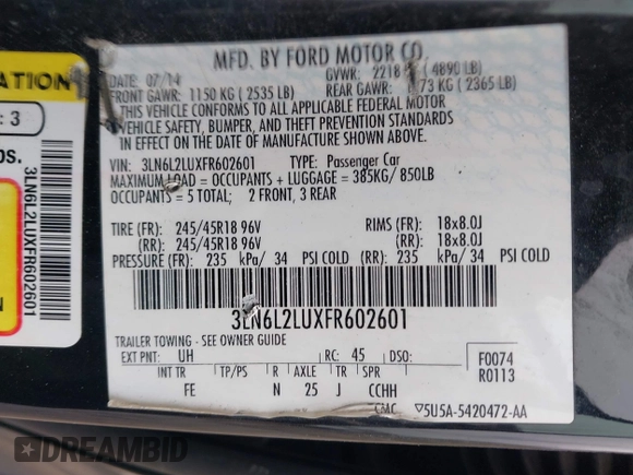 2015 Lincoln MKZ Hybrid with VIN 3LN6L2LUXFR602601, listed as a IAAI auction lot 41956495 with 346,448 mi miles. Bid and sale history available at carsss.com. Image 9.