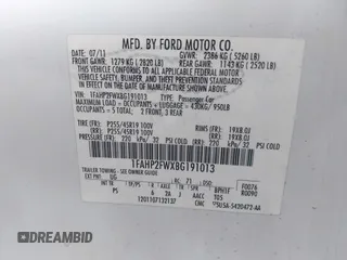 2011 Ford Taurus Limited with VIN 1FAHP2FWXBG191013, listed as a IAAI auction lot 42655283 with 164,797 mi miles and . Bid and sale history available at DreamBid. Image 9.