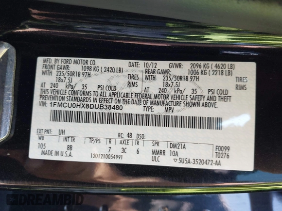 2013 Ford Escape SEL with VIN 1FMCU0HX8DUB38480, listed as a IAAI auction lot 42176271 with 154,309 mi miles. Bid and sale history available at carsss.com. Image 9.