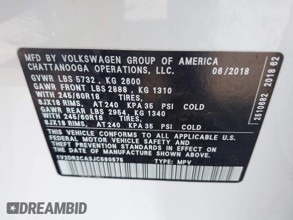 2018 Volkswagen Atlas SE with VIN 1V2DR2CA3JC580575, listed as a IAAI auction lot 41939880 with 66,526 mi miles and . Bid and sale history available at DreamBid. Image 9.