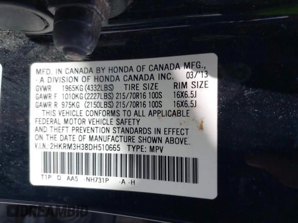 2013 Honda CR-V LX with VIN 2HKRM3H38DH510665, listed as a IAAI auction lot 42772875 with 221,264 mi miles and . Bid and sale history available at DreamBid. Image 9.
