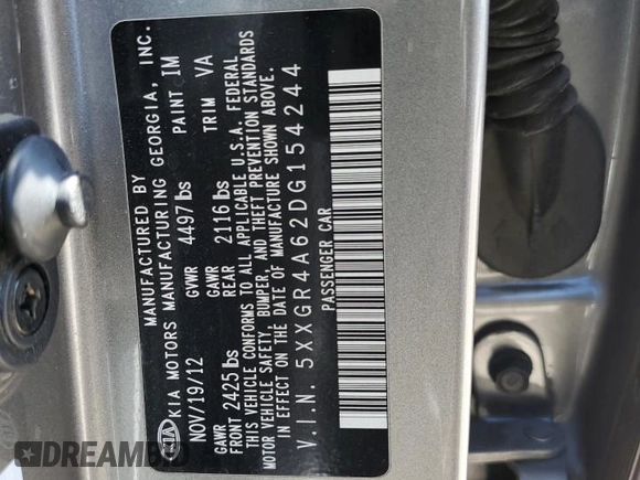 2013 Kia Optima SX with VIN 5XXGR4A62DG154244, listed as a Copart auction lot 55768695 with 92,345 mi miles and Salvage title. Bid and sale history available at DreamBid. Image 12.