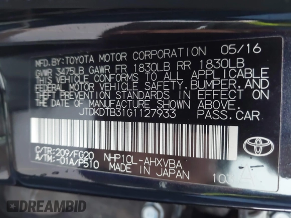 2016 Toyota Prius One with VIN JTDKDTB31G1127933, listed as a IAAI auction lot 42054104 with 58,949 mi miles and . Bid and sale history available at DreamBid. Image 9.
