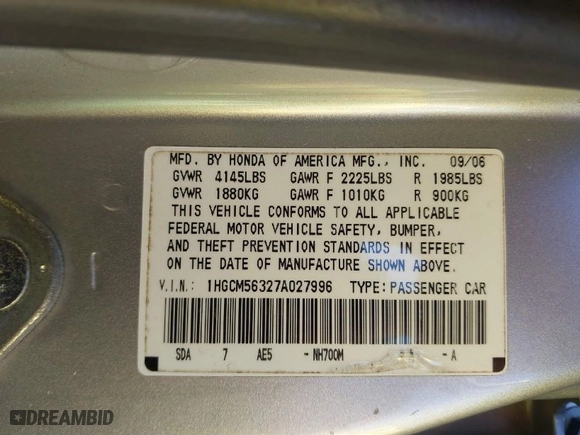 2007 Honda Accord Sdn LX SE with VIN 1HGCM56327A027996, listed as a IAAI auction lot 41824788 with 164371 miles. Bid and sale history available at carsss.com. Image 9.