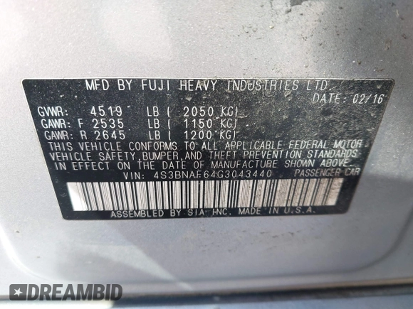 2016 Subaru Legacy Premium с VIN 4S3BNAF64G3043440, выставлен на аукционе IAAI как лот 42526911 с пробегом 171 281 миль миль и . История ставок и продаж доступна на DreamBid. Изображение 9.