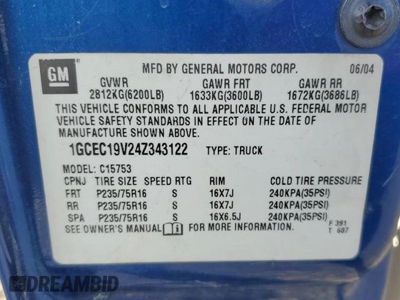 2004 Chevrolet Silverado 1500 LS with VIN 1GCEC19V24Z343122, listed as a Copart auction lot 50410745 with 349,376 mi miles and Salvage Title. Bid and sale history available at DreamBid. Image 14.
