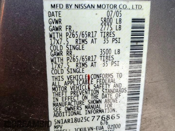 2005 Nissan Pathfinder LE with VIN 5N1AR18U25C776865, listed as a Copart auction lot 57057595 with Not provided miles and Non repairable. Bid and sale history available at DreamBid. Image 13.
