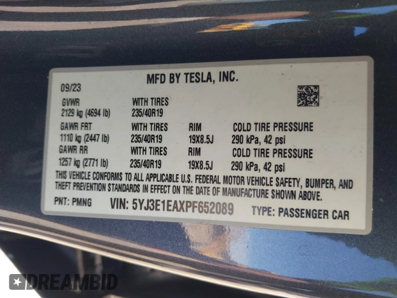 2023 Tesla Model 3 with VIN 5YJ3E1EAXPF652089, listed as a IAAI auction lot 42666520 with 17,679 mi miles and . Bid and sale history available at DreamBid. Image 9.