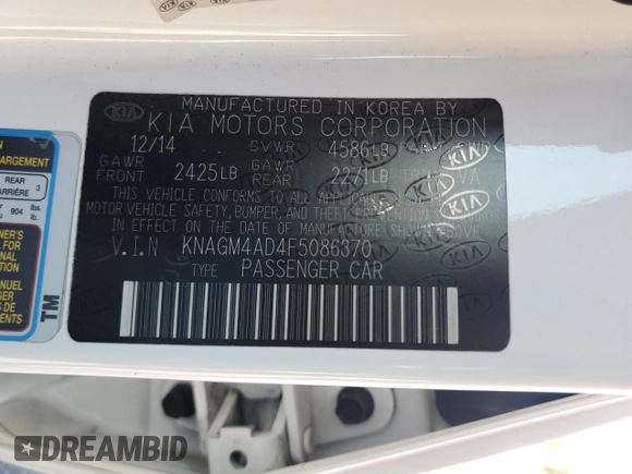 2015 Kia Optima with VIN KNAGM4AD4F5086370, listed as a Copart auction lot 68453034 with 143,279 mi miles and Salvage Title. Bid and sale history available at DreamBid. Image 12.