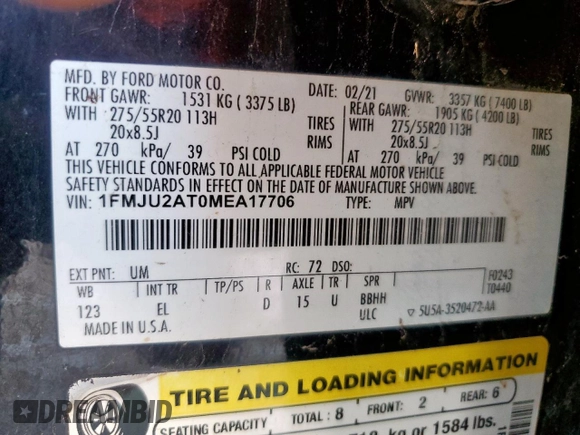 2021 Ford Expedition Limited z VIN 1FMJU2AT0MEA17706, wystawiony jako Copart lot #58671595 z przebiegiem 61 864 mil mil oraz Szkoda całkowita • Salvage title. Historia ofert i sprzedaży dostępna na DreamBid. Obrazek 13.
