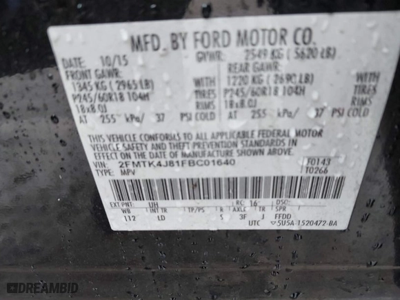 2015 Ford Edge SEL with VIN 2FMTK4J81FBC01640, listed as a IAAI auction lot 41512423 with 87,231 mi miles. Bid and sale history available at carsss.com. Image 9.