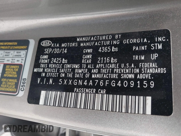 2015 Kia Optima EX with VIN 5XXGN4A76FG409159, listed as a IAAI auction lot 41937814 with 120,641 mi miles. Bid and sale history available at carsss.com. Image 9.