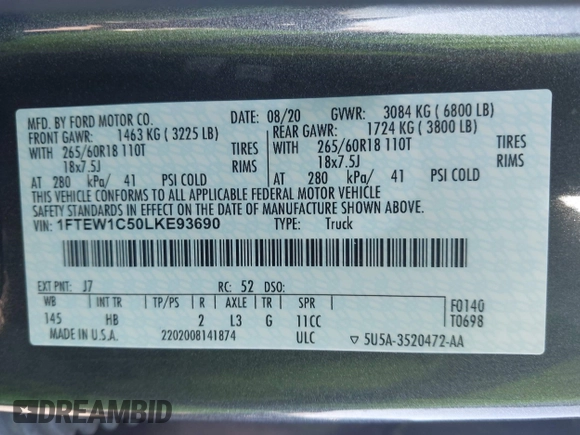 2020 Ford F-150 XL with VIN 1FTEW1C50LKE93690, listed as a IAAI auction lot 42075198 with 51,261 mi miles and . Bid and sale history available at DreamBid. Image 9.