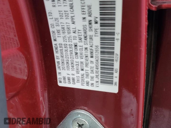 2010 Honda CR-V EX z VIN JHLRE4H56AC012656, wystawiony jako Copart lot #50982635 z przebiegiem 97 223 mil mil oraz Szkoda całkowita • Salvage title. Historia ofert i sprzedaży dostępna na DreamBid. Obrazek 12.