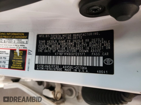 2012 Toyota Camry L with VIN 4T1BF1FK6CU123171, listed as a Copart auction lot 55205465 with 216,280 mi miles and Salvage Title. Bid and sale history available at carsss.com. Image 12.