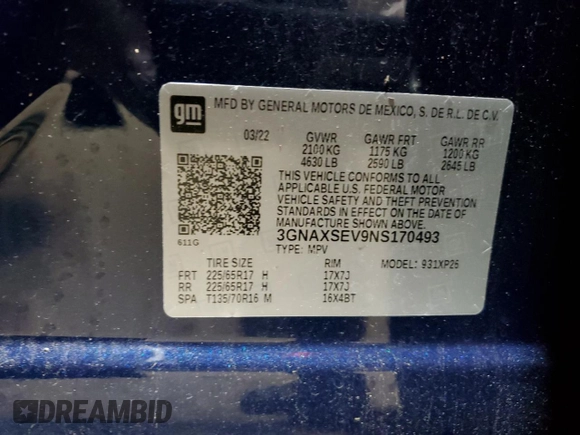 2022 Chevrolet Equinox LS z VIN 3GNAXSEV9NS170493, wystawiony jako Copart lot #57219235 z przebiegiem Nie podano mil oraz Szkoda całkowita • Salvage title. Historia ofert i sprzedaży dostępna na DreamBid. Obrazek 13.