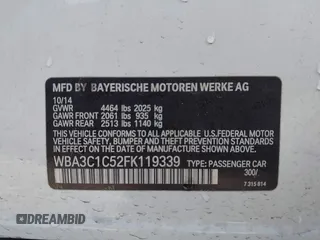 2015 BMW 3 Series 328i with VIN WBA3C1C52FK119339, listed as a IAAI auction lot 41549876 with 148,347 mi miles and . Bid and sale history available at carsss.com. Image 9.