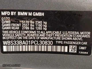 2023 BMW M4 Competition xDrive with VIN WBS33BA01PCL30830, listed as a IAAI auction lot 41402469 with 21,796 mi miles. Bid and sale history available at carsss.com. Image 9.