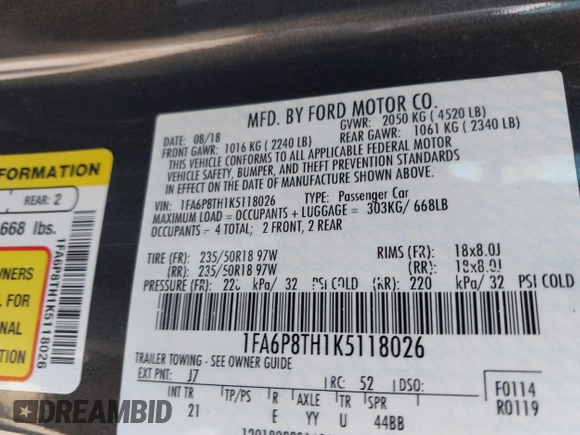 2019 Ford Mustang EcoBoost z VIN 1FA6P8TH1K5118026, wystawiony jako IAAI lot #42204167 z przebiegiem 66 425 mil mil oraz . Historia ofert i sprzedaży dostępna na DreamBid. Obrazek 9.