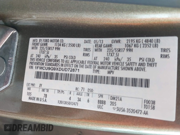 2013 Ford Escape SE с VIN 1FMCU9G9XDUD72871, выставлен на аукционе IAAI как лот 42194776 с пробегом 70 031 миль миль и . История ставок и продаж доступна на DreamBid. Изображение 9.