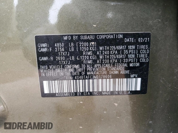 2021 Subaru Outback Premium с VIN 4S4BTAFC3M3178606, выставлен на аукционе Copart как лот 58985295 с пробегом 54 535 миль миль и Списание • Salvage title. История ставок и продаж доступна на DreamBid. Изображение 13.