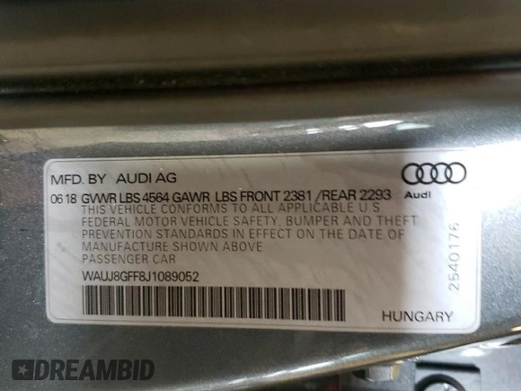 2018 Audi A3 Sedan Premium Plus with VIN WAUJ8GFF8J1089052, listed as a Copart auction lot 48785904 with 47,397 mi miles. Bid and sale history available at carsss.com. Image 13.