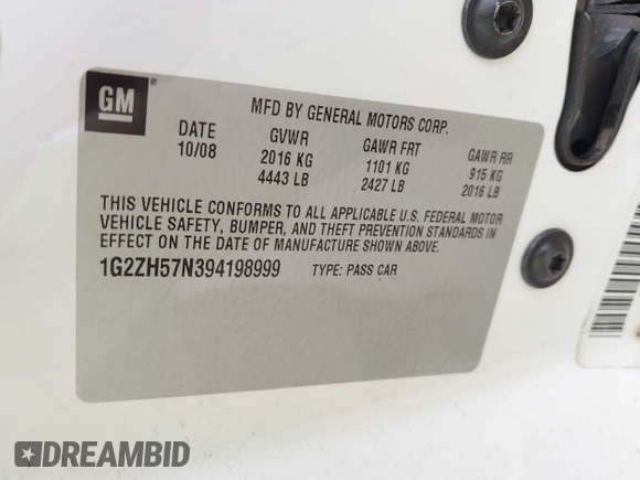 2009 Pontiac G6 GT 1SA with VIN 1G2ZH57N394198999, listed as a IAAI auction lot 42393329 with 195,904 mi miles and . Bid and sale history available at DreamBid. Image 9.