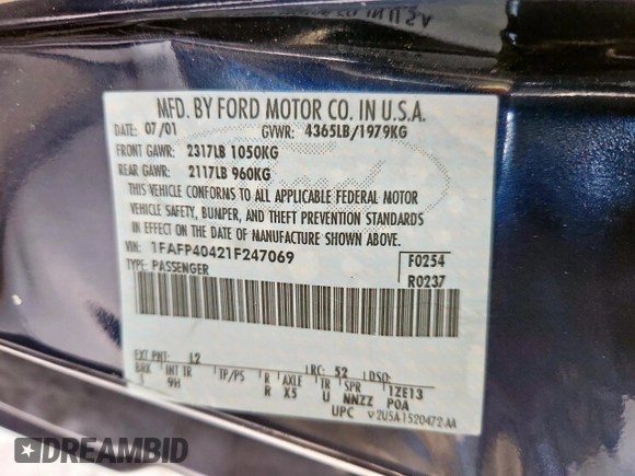 2001 Ford Mustang Standard with VIN 1FAFP40421F247069, listed as a Copart auction lot 61634675 with 133,681 mi miles and Salvage title. Bid and sale history available at DreamBid. Image 12.