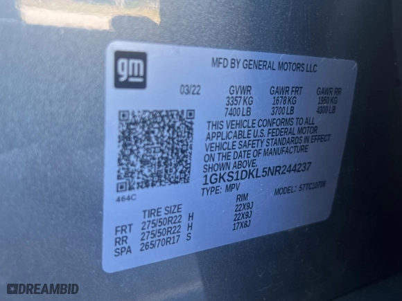 2022 GMC Yukon Denali with VIN 1GKS1DKL5NR244237, listed as a Copart auction lot 50262595 with 15,713 mi miles and Clean Title. Bid and sale history available at carsss.com. Image 10.
