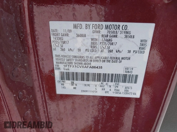 2010 Ford F-150 XL with VIN 1FTFX1CVXAFA86435, listed as a IAAI auction lot 41348804 with 181,711 mi miles. Bid and sale history available at carsss.com. Image 9.