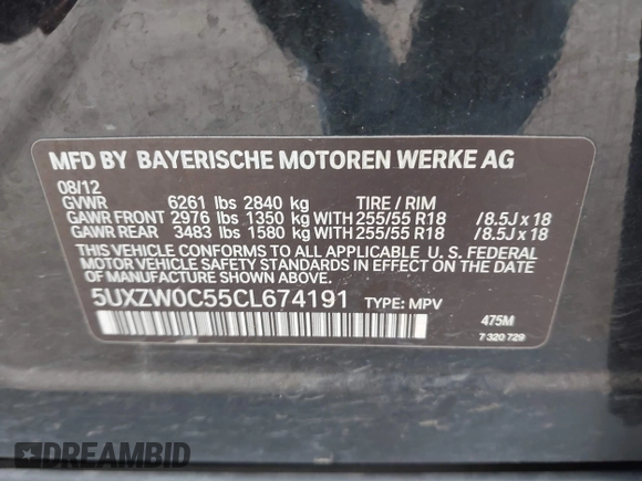 2012 BMW X5 35d z VIN 5UXZW0C55CL674191, wystawiony jako IAAI lot #41906713 z przebiegiem 143 687 mil mil oraz . Historia ofert i sprzedaży dostępna na DreamBid. Obrazek 9.